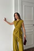 TENCEL MODAL KOLSUZ BLUZ KAPALI CEP DETAYLI DÖKÜMLÜ - PANTOLON TAKIM - Yağ Yeşili resmi